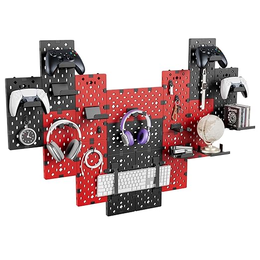PEGZONE 14 PCS Controller and Headphone Holder Wall Mount, Modular Gaming Pegboard with Accessories, Video Game Storage, Disc Shelf, 14pcs Pegboard, Black & Red