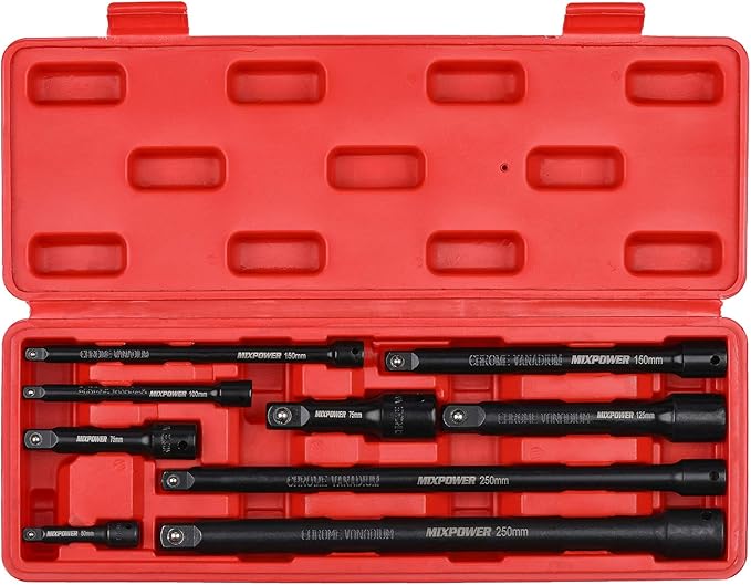 MIXPOWER 9-Piece Extension Bar Set, 1/4", 3/8" and 1/2" Drive Socket Extension, Premium Chrome Vanadium Steel with Black Phosphate Finish, Engineered for Impact Drivers