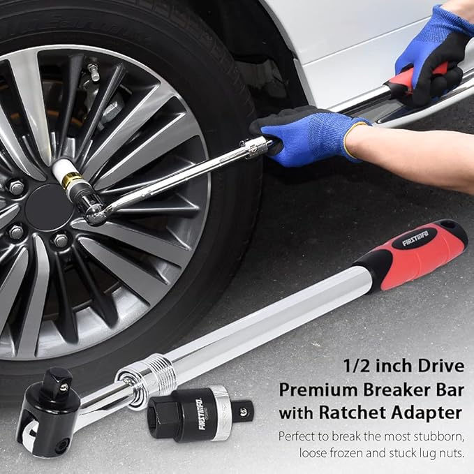 FIRSTINFO F32242D 1/2-Inch Drive Premium Breaker Bar with Ratchet Adapter, 24-1/2 Inch Length Extended Leverage, 230 Degrees Flexible Head