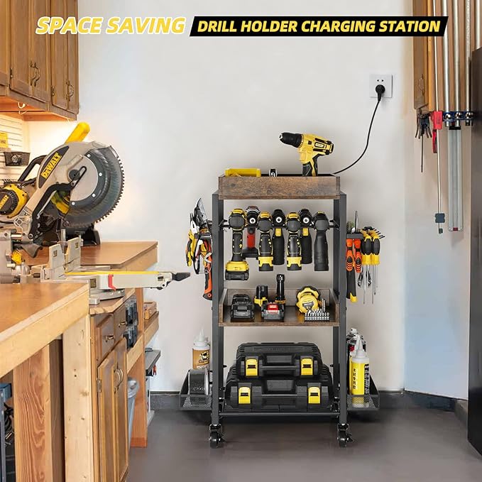 Olakee Power Tool Organizer Garage Storage Organization Shelving Tool Holder Drill Rack Shelf Rolling Cart Open Tool Chest Cabinet Box Organizer with Wheels Workshop Garage Gift Ideas for Men Dad