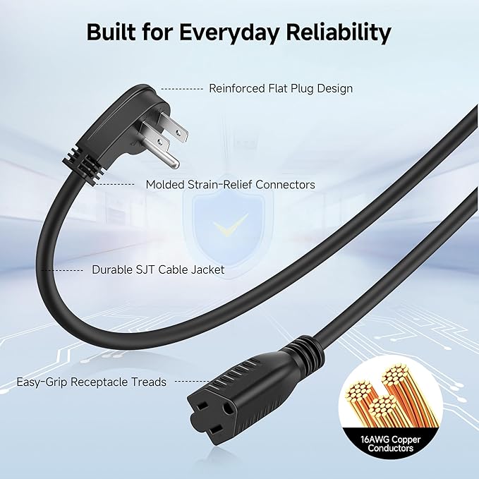 [UL Listed] Cable Matters 2-Pack Low Profile Flat Plug Extension Cord (Power Extension Cable) 15 Feet (NEMA 5-15P to NEMA 5-15R)