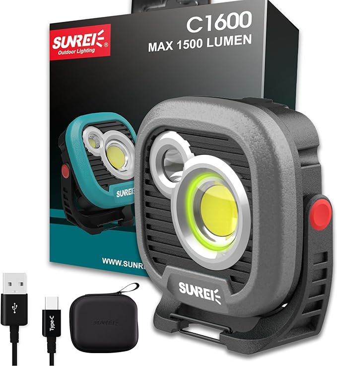 LED Rechargeable Magnetic Work Light SUNREI Mechanic Light Power Bank 180° Rotating,1500LM, 6 Modes,Magnetic&Hook, IPX5 Waterproof, Magnetic Flashlight for Camping, Car Repairing(Gray)
