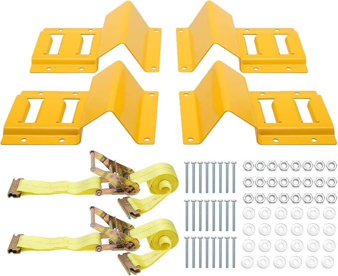 NovelBee Wheel Chock Tie Down Kit, Trailer Tie Down System for UTV, ATV & Mower (Yellow Wheel Chock & Yellow Strap)
