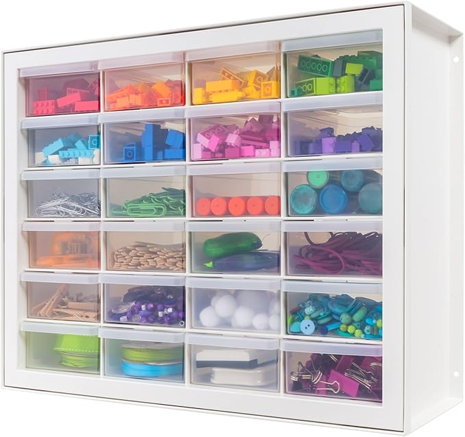 IRIS USA Plastic Storage Drawers, Made in USA, 24-Drawer Small Parts Organizer Cabinet, Stackable Teacher Toolbox for Crafts, Beads, Hardware, Screws, Nuts & Bolts, Scrapbook Supplies – White