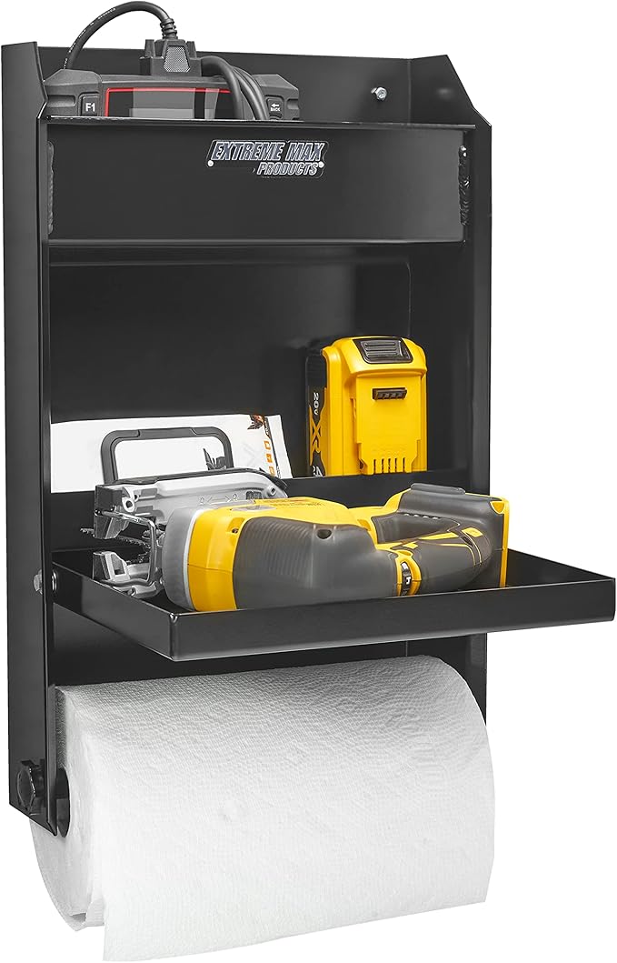 Extreme Max 5001.6119 Junior Wall-Mount Aluminum Work Station Storage Cabinet Flip-Out Work Tray with Paper Towel Rack Organizer for Enclosed Race Trailer Shop Garage Storage - Black