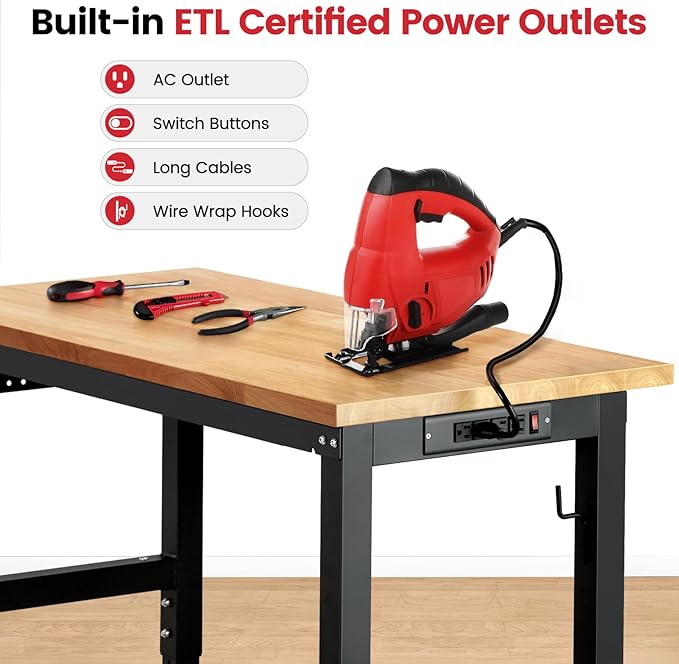 ENJOYWOOD 48" x 20" Garage Workbench Adjustable Height Work Table with Pegboard Heavy Duty Rubberwood Top Work Bench for Workshop, Office & Home