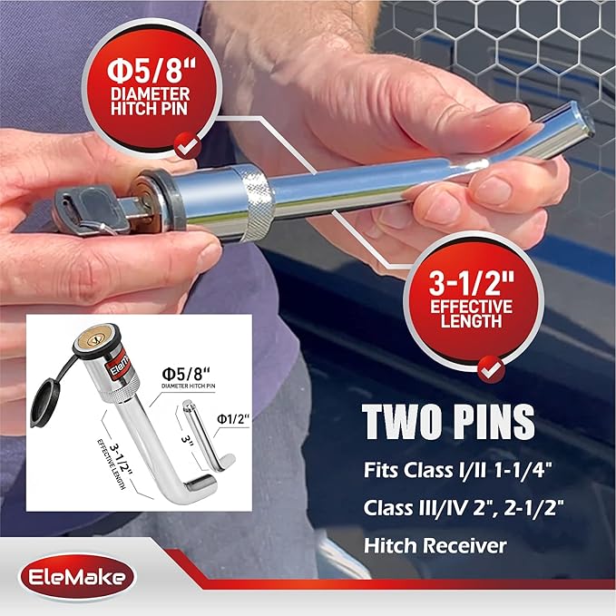 Elemake Trailer Hitch Lock, Anti-Rust Brass Core Hitch Pin Lock with 1/2" and 5/8" Dual Pins, Extra Long 3-1/2" Effective Length for Class I-V Receivers (1-1/4", 2", 2-1/2"), 20,000 LBS Towing