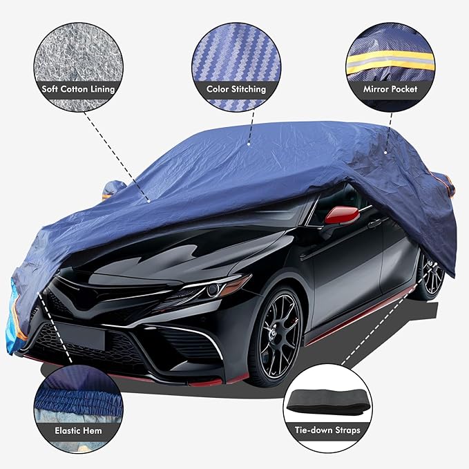 Car Cover Waterproof All Weather, 6 Layers Outdoor Full Exterior Cover Rain Sun UV Snowproof Protection with Zipper Cotton, Mirror Pocket for Toyota Camry