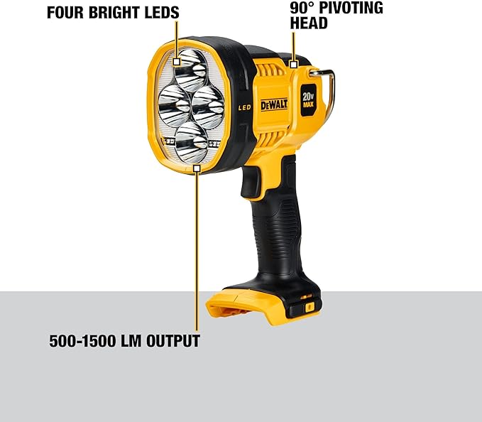 DEWALT 20V MAX LED Work Light, Handheld Spotlight with 508 Yard Distance, Pivoting Head, 1500 Lumens, Cordless, Battery Not Included (DCL043)