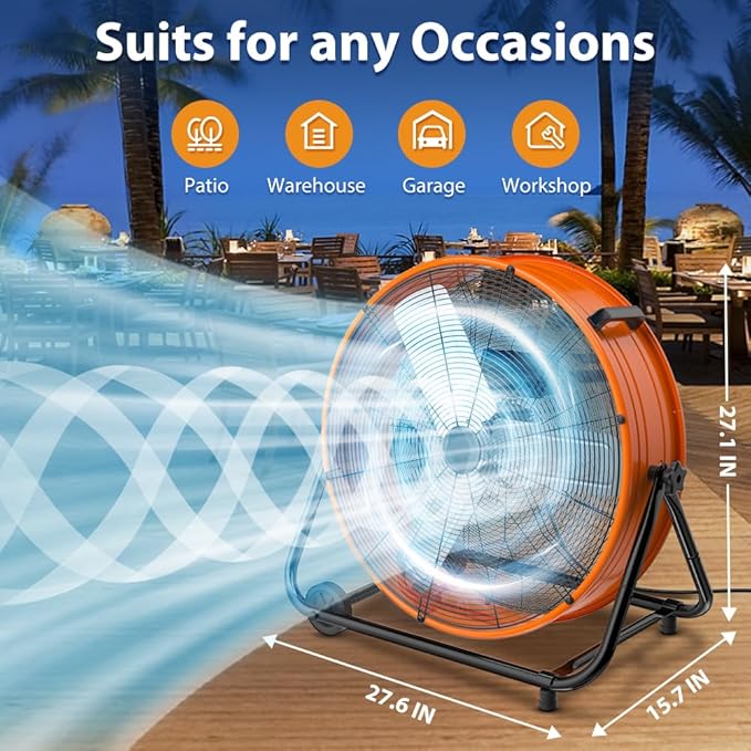 LifePlus 24 Inch Industrial Drum Fan, 320W High Velocity Floor Fan, 3 Speed Heavy Duty Metal Air Circulator, 360° Tilt with Casters Handle ETL Standard for Patios, Warehouse, Commercial, 8900CFM