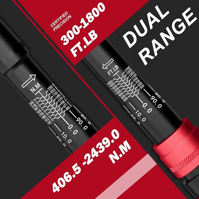 VANPO 1-Inch Drive Click Torque Wrench, 300-1800 Ft-Lb/406.5-2439.0 Nm, 70.87" Length, 24-Tooth, Heavy-Duty Click Torque Wrench Set with Hex Key for Trucks,Excavator, Engines