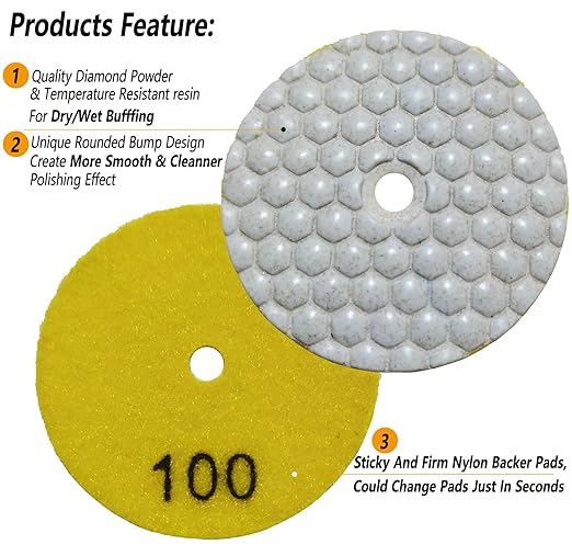 3 Inch Dry Diamond Polishing Pads, 11PCS Wet/Dry Granite Buffing Pad Kit for Marble Concrete Quartz Stone Tiles - High Temperature Resistance Sand Pad for Drill Grinder Polisher