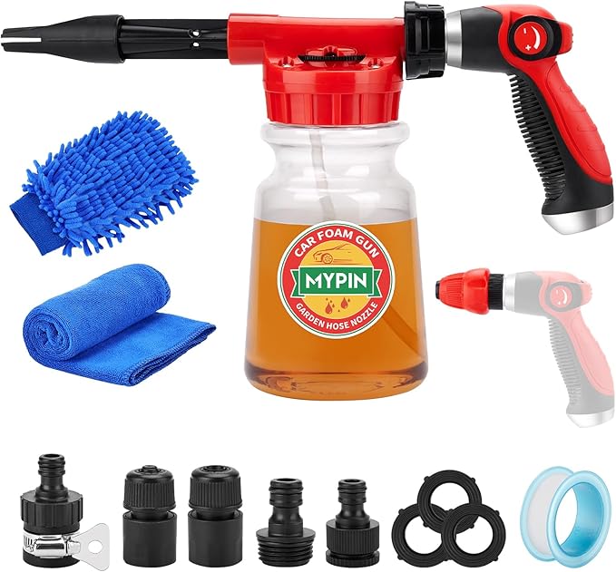 16 IN 1 Car Wash Foam Gun, Foam Cannon, Adjustable Hose Wash Sprayer with 2.5 to 6 Bars Foam Blaster, Suitable for Car Cleaning and Garden Use with 1/2” Quick Connector