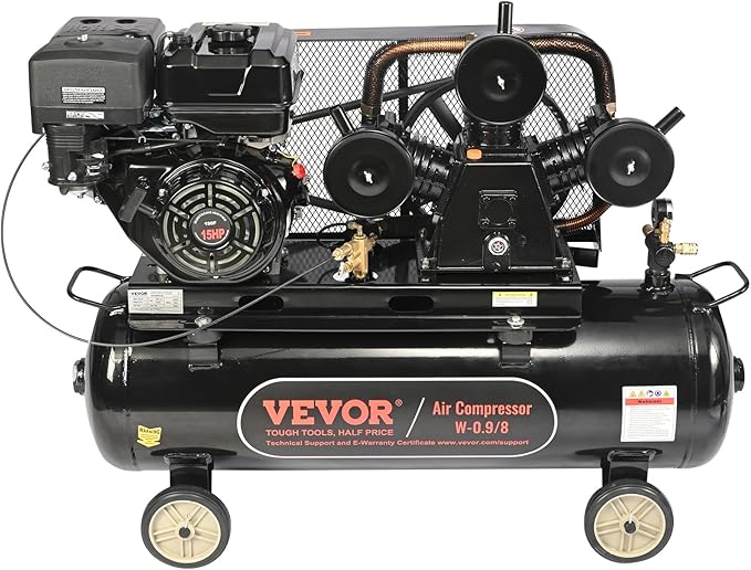 VEVOR 15HP Gas Powered Air Compressor, 30 Gallon Horizontal Air Compressor Tank, 33CFM@115PSI Gas Driven Piston Pump Air Compressed System with 115PSI Max Pressure for Construction Sites Workshop