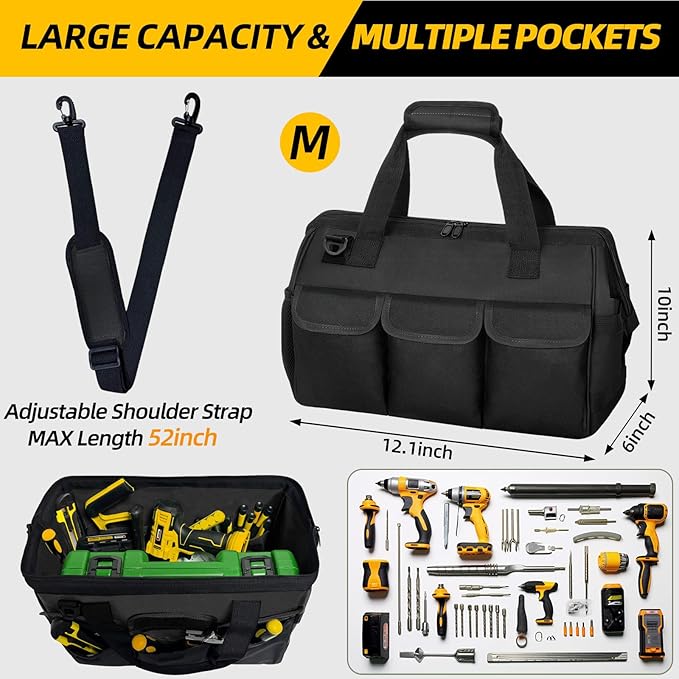 NECKORY Tool Bag, Portable Tool Box Organizer Adjustable Shoulder Strap, Carry Tool Tote Heavy Duty Tool Storage Bag With Wide Mouth,Tool Bags for Men Mechanic EngineerGift - M, Black