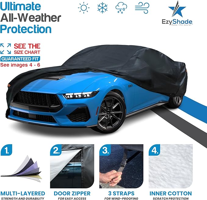 EzyShade 10-Layer Waterproof Sports Car Cover. See Vehicle Size-Chart for Accurate Fit. All Weather Outdoor Covers. Challenger Charger Monte Carlo. Sun Snow Rain. Black, Size C6 (See SizeChart)