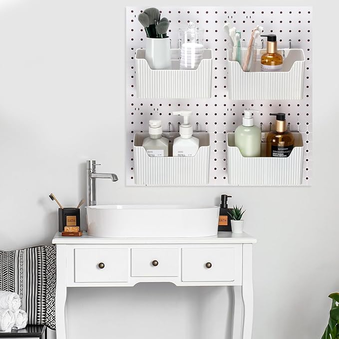 Suzile 4 Pcs Pegboard Bins Plastic Bins Set 7.9 x 3.3 x 4.7'' Pegboard Containers with Metal Hooks Organizing Assortment Accessories for Organizing Storage Tools Storage Workbench Garage (White)