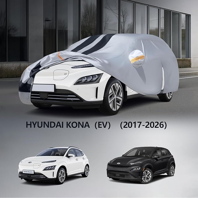 Multi-Layer Car Cover Custom Fit for Hyundai Kona(EV)(2017-2026), 100% Waterproof All Weather for Automobiles, Gift with Towel, Heavy Duty Car Covers for Rain Sun UV Protection with Door Zipper.