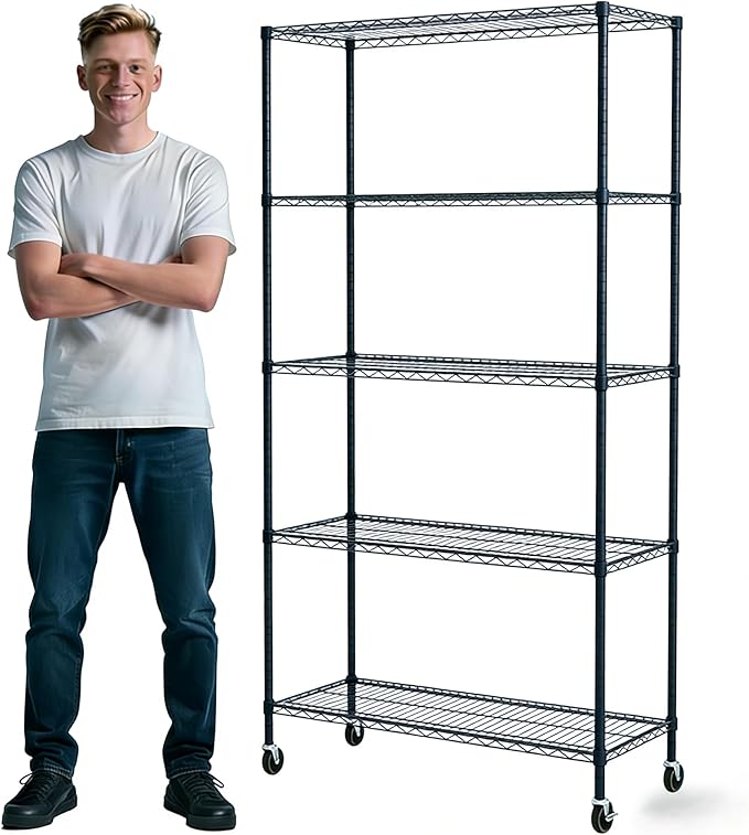 Simple Deluxe 5-Tier Heavy Duty Adjustable Shelf with Wheels, 23.23”W x 13.39”D x 59.45”H,Metal Storage Rack, Easy Tool-Free Assembly for Garage, Warehouse, Basement, Laundry, Black