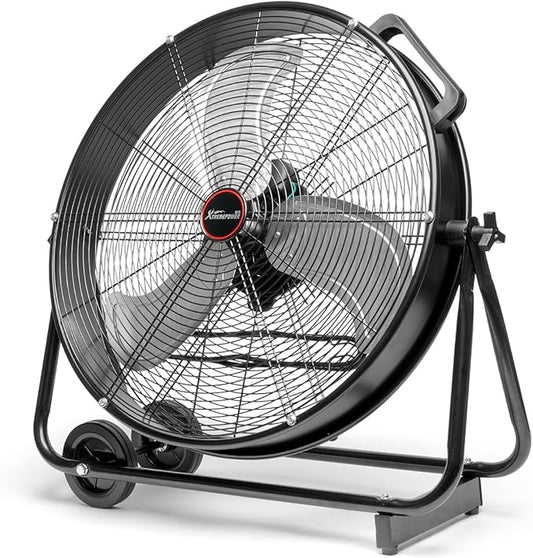 XtremepowerUS 24" Industrial Shop Fan High-Velocity Flow Drum Fan Floor Fan Rolling Drum Garage Tilt 3 Adjustable Speed Commercial, Gym, Garage Use, Black