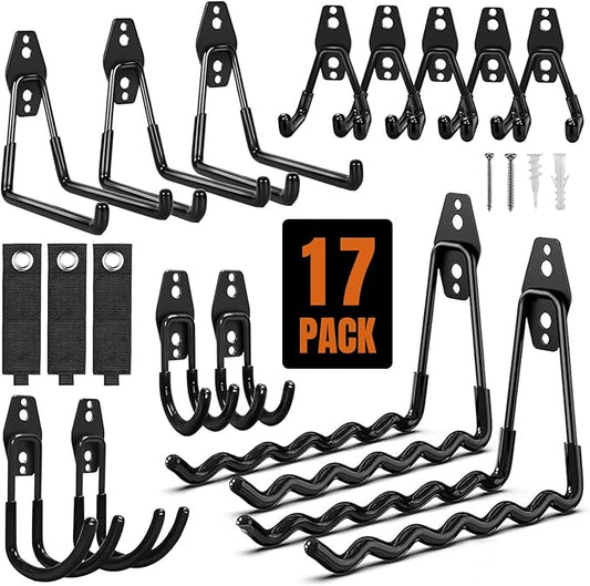 17 Pack Garage Hooks & Extension Cord Storage Straps, Steel Wall Mount Storage Hangers with Anti-Slip Coating for Bike, Ladder, Garden Tools Organization