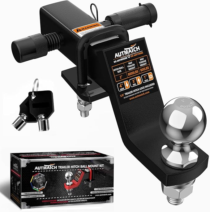 AUTMATCH Trailer Hitch Ball Mount with 2 Inch Hitch Ball - Fits 2" Receiver with Hitch Tightener, 8000Lbs Capacity Ball Hitch, 4-Inch Drop with 5/8" Hitch Lock Pin, Frosted Black