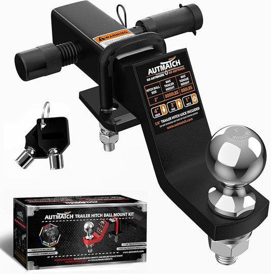 AUTMATCH Trailer Hitch Ball Mount with 2 Inch Hitch Ball - Fits 2" Receiver with Hitch Tightener, 8000Lbs Capacity Ball Hitch, 4-Inch Drop with 5/8" Hitch Lock Pin, Frosted Black