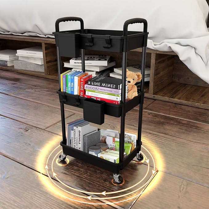 3 Tier Rolling Utility Cart with Handle,REBECAT Utility Cart Made of Multifunctional Storage Organizer Tool for Kitchen,Bathroom,Living Room,Office(Black)
