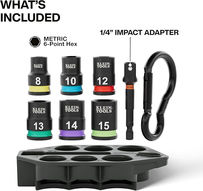 Klein Tools 33808M Grab-And-Go Impact Socket Set, Metric, 7-Piece Set with Sleeve, Carabiner, 3/8-Inch Drive, Color-Coded 8 mm, 10 mm, 12 mm, 13 mm, 14 mm, 15 mm Sockets