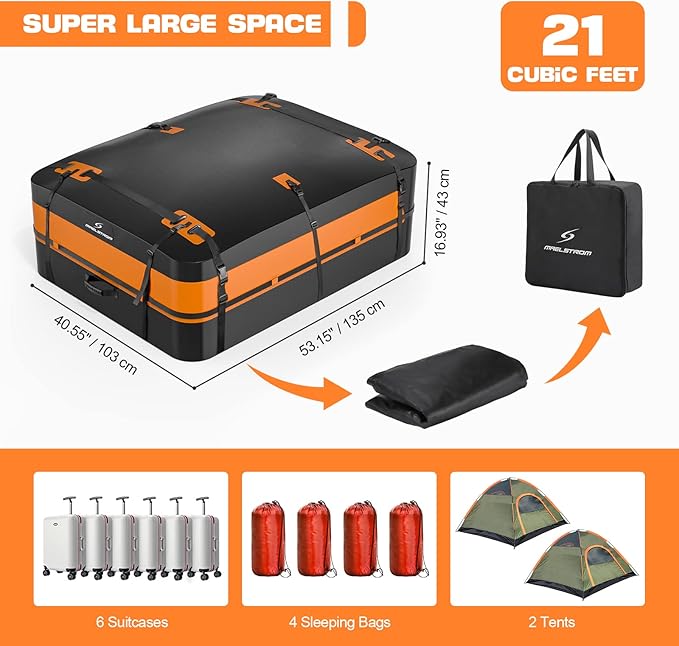Maelstrom Rooftop Cargo Carrier,Car Roof Bag,21 Cubic Feet Waterproof Roof Rack Cargo Carrier,Tear Resistant Vehicle Cargo Carrier,Black with Orange