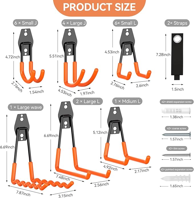 22Pack Garage Hooks Heavy Duty Utility Steel Garage Storage Hook Organization Wall Mount Hooks for Hanging Bike, Ladder and Garden Tools