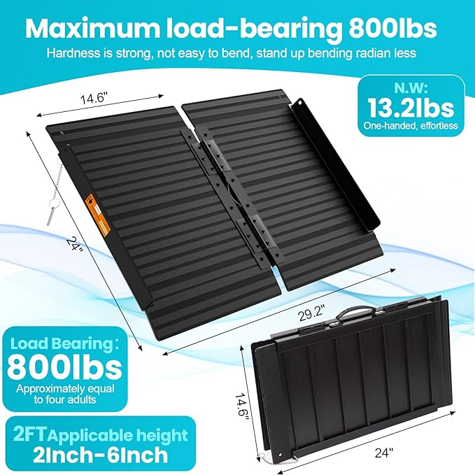Portable Wheelchair Ramp Black 2FT 800 lbs Non-Slip Threshold Ramps Handicaps Ramps Aluminum Folding Ramps Wheel Chair Ramp for Home Steps Doorways Stairs Scooter 24" Lx 29.2" Wx2H