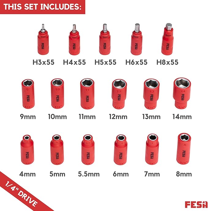 FESA Electrician Insulated Socket Set - 1000V 20-Piece Professional Insulated Ratchet & Socket Wrench Set (1/4" Drive) w/ 2 Extensions & 5 Hex Bits - 1000 Volt Tools for Electricians