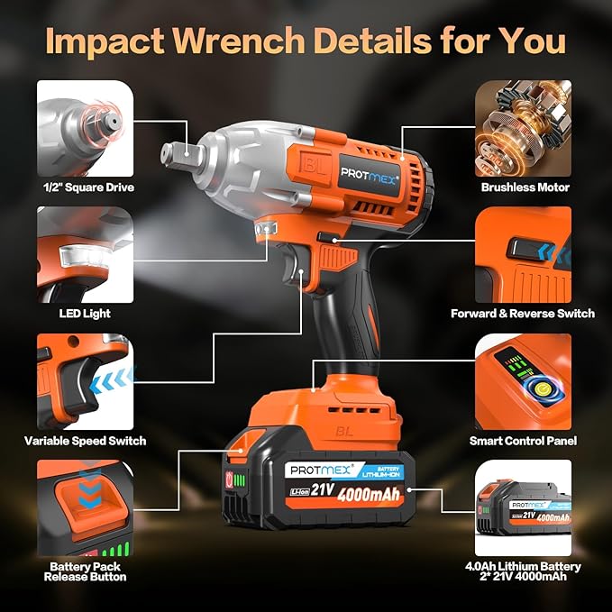 Cordless Impact Wrench, 665Ft-Ibs (900N.m) 1/2" Electric Impact Wrench, 21V Power Impact Drill with 2x 4.0Ah Battery, 6 Sockets, 8 Drill, 6 Screws, Impact Gun Variable Speeds for Car/Truck /Mower