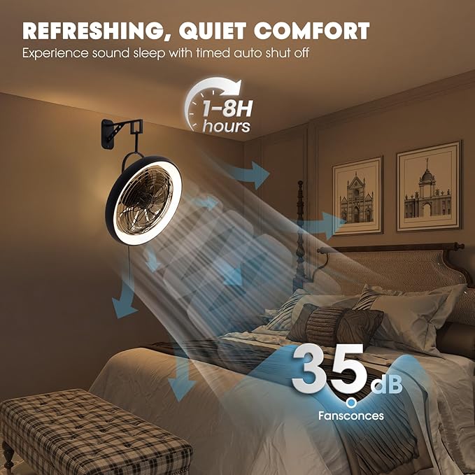 Wall Mounted Fan with Lights, 20” Wall Mount Fan with Remote, 6 Speeds Plug in Wall Fan, Reversible, 3CCT, Dimmable, Noiseless, 360°Adjustable Tilt for Workshop, Patio, Home