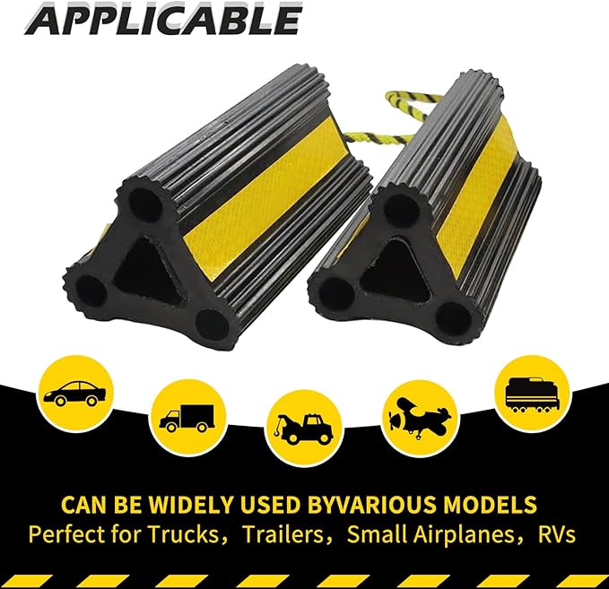Wheel Chocks for RV Trailer Travel Camper Truck Car, Sturdy Heavy Duty Simple Easy to Use, Rubber Tires Block Stopper Chock with Rope and Yellow Reflective Tape Trailer RV Accessary(2set4pack)