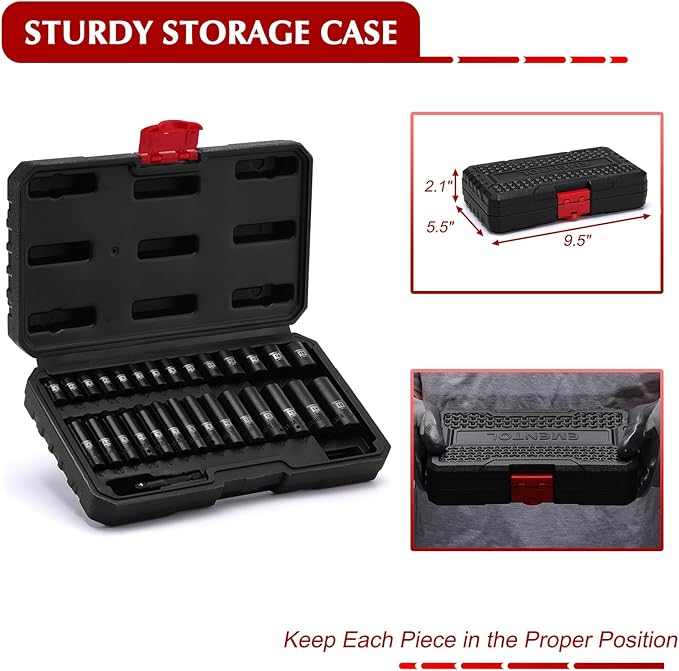 EMENTOL 1/4" Drive Impact Socket Set, 29 Pieces Deep & Shallow Socket Set, Metric 4-15mm, 12 Point CR-V, Includes Drill Bit Adapter