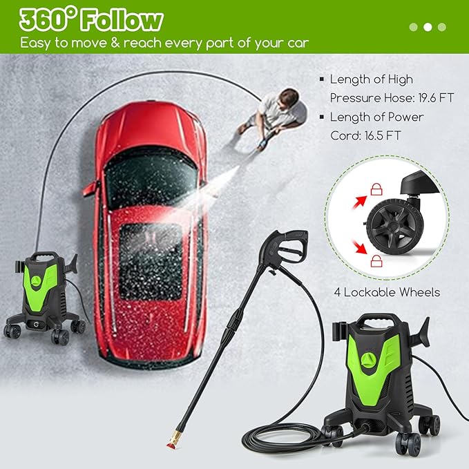 Goplus Electric Pressure Washer, 2400 PSI 1.7 GPM High Pressure Power Washer w/4 Quick Nozzles & Universal Wheels, Portable Pressure Washer IPX5 Car Wash Machine, Cleaning Garden Car Floor (Green)