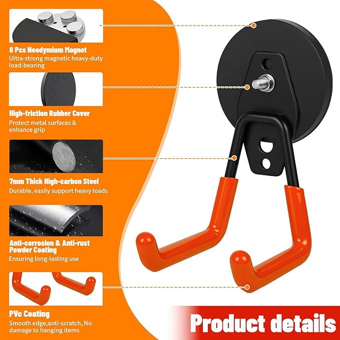 4 Pack Heavy Duty Magnetic Garage Hooks,No Drill Installation and Rubber Coating for Scratch-Free Use,Space Saving Large Utility Hooks for Kitchen,Tools,Pegboard,Workshop (Red 2pcs+Black 2pcs)