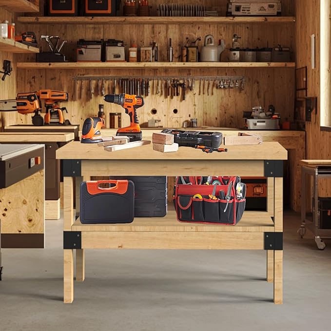2' x 4' Basics Workbench Kit, 4 PCS Heavy Duty 3-Way Brackets for Garage Workbench Legs Brackets, Metal DIY Work Bench Kit Suitable for Shelving, Work Table, Lumber Not Included
