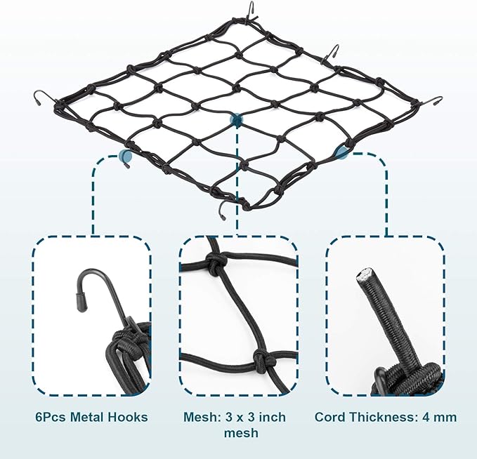 15.7"x15.7" 2Pack Bungee Cargo net Motorcycle, Made of Latex Heavy Duty Bungee Net Stretches to 33"x33", Luggage Thicken Netting with3 x3 Small Mesh&6 Adjustable Metal Hooks for Motorcycle, Bike, ATV