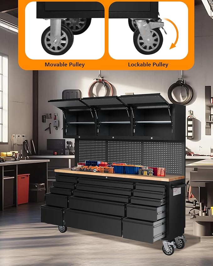 72 Inch Heavy-Duty Garage Workbench with 15 Drawers & 3 Cabinets, Steel Frame Workshop Table for Mechanics, Garage Organization, Large Tool Bench Storage with Pegboard, Black
