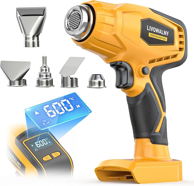 LIVOWALNY Cordless Heat Gun Compatible with Dewalt 20V Battery, 260W High Power Hot Air Gun (68°F-1112°F) & Airflow Control Digital Display for Shrink Wrapping Crafting(Battery Not Included)