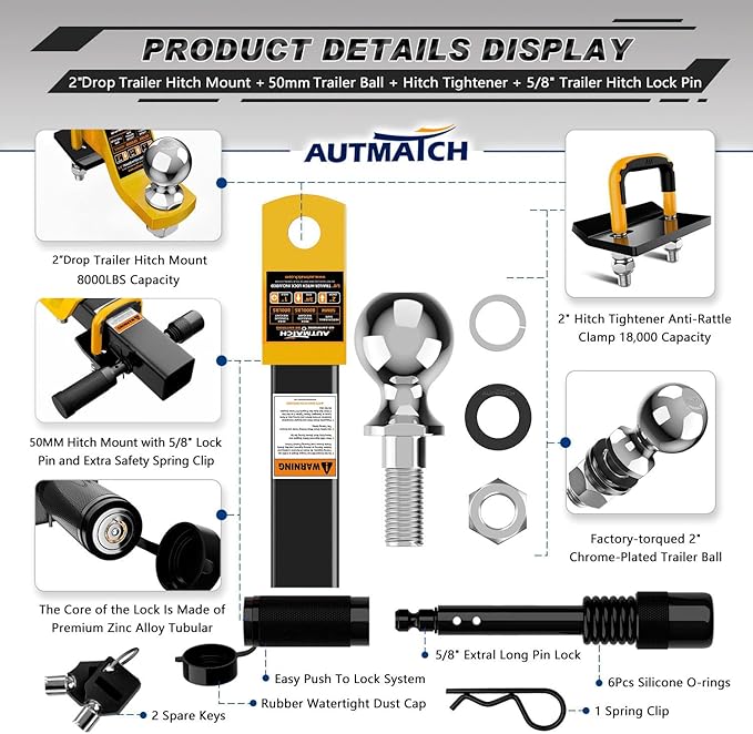 AUTMATCH Trailer Hitch Ball Mount with 2 Inch Hitch Ball - Fits 2" Receiver with Hitch Tightener, 8000Lbs Capacity Ball Hitch, 2-Inch Drop with 5/8" Hitch Lock Pin, Yellow & Black