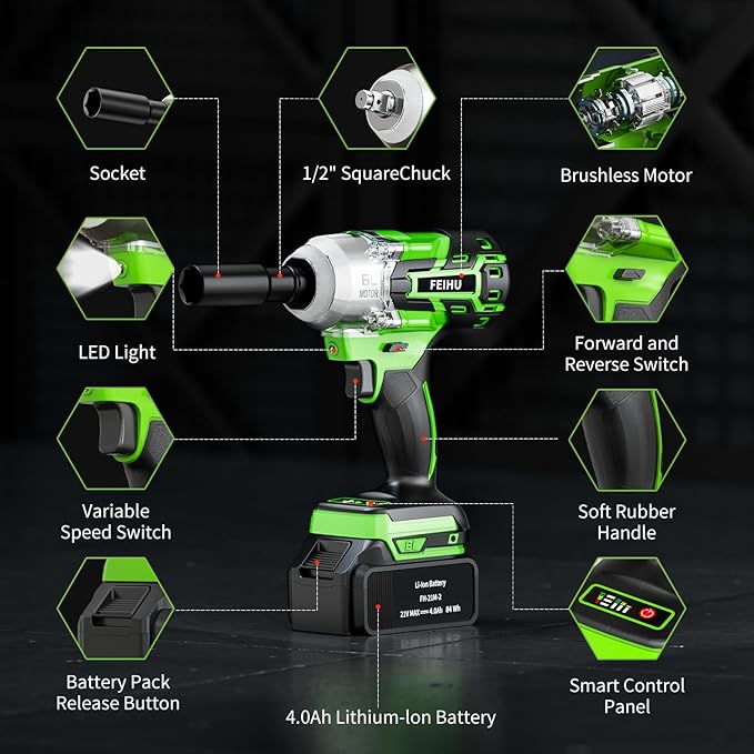 Cordless Impact Wrench 1/2inch: Brushless Impact Wrench with 21V 2 * 4.0Ah Battery, Cordless Impact Gun 600Nm, 450 Ft-lbs High Torque, Socket And Wrench Set for Automotive and DIY