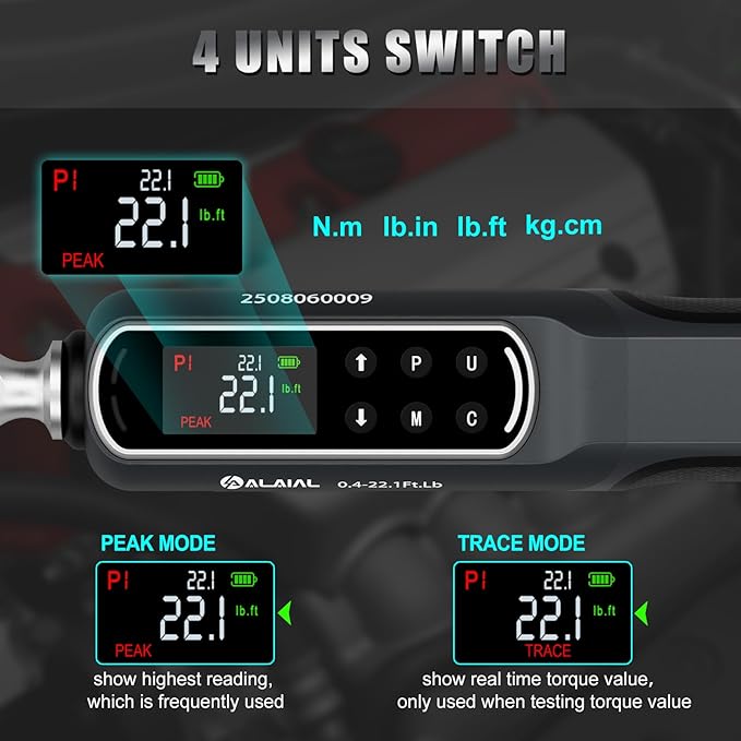 Digital Torque Wrench 0.4-22.1 Ft.Lb/0.5-30 Nm, 1/4 Drive Dual Direction Rachet Torque Wrench with Vibration, Buzzer and LED Alert, Electronic Torque Wrench for Bike Motorcycle Car Repair