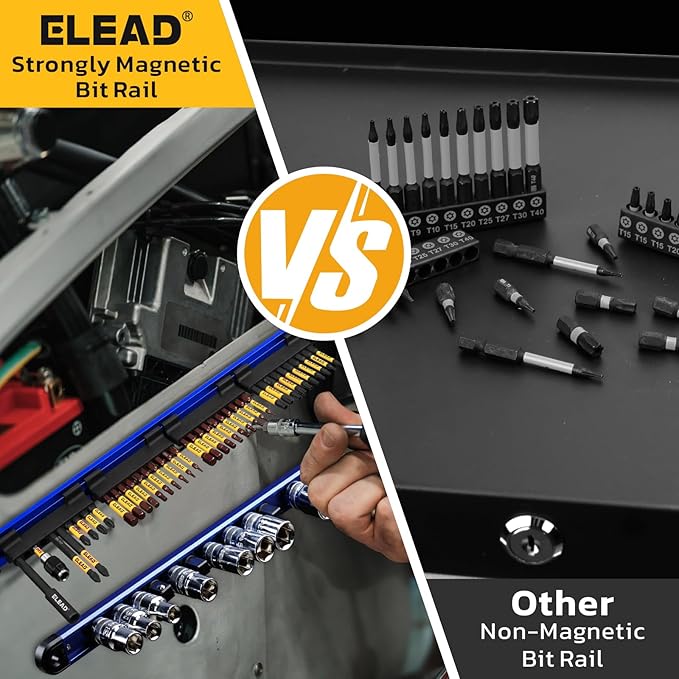 5-Piece Magnetic Socket & Bit Organizer Kit, 1/4" 3/8" 1/2" Heavy Duty Socket Holder Holds 40 Clips, Aluminum Sockets Rail for Tool Box Drawer, 1/4" Slidable Drill Bit Organizer Holds 80 Bits