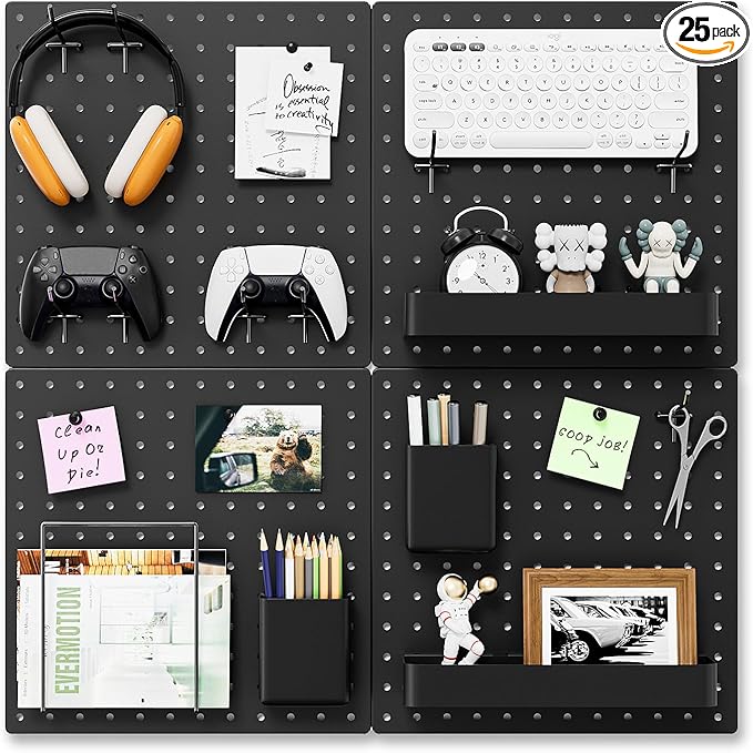 FZK Peg Board, 25pcs PegBoard Wall Organizer, 12in*12in, Includes 4 Black Pegboard and Accessories, Plastic PegBoard for Room, Office, Game Room, Kitchen and Bathroom