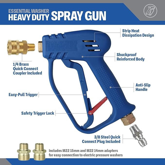 Essential Washer Short Pressure Washer Gun with Brass Quick Connect & M22 Adaptors Compatible with Foam Cannon | High Pressure Water 4000 PSI