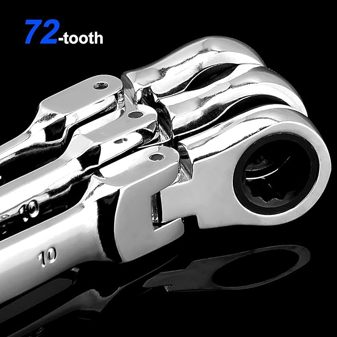 Flexible Head Ratcheting Wrench, 3 PCS 10 mm Ratcheting Box Wrench Set with 5° Movement and 72 Teeth for Projects with Tight Space